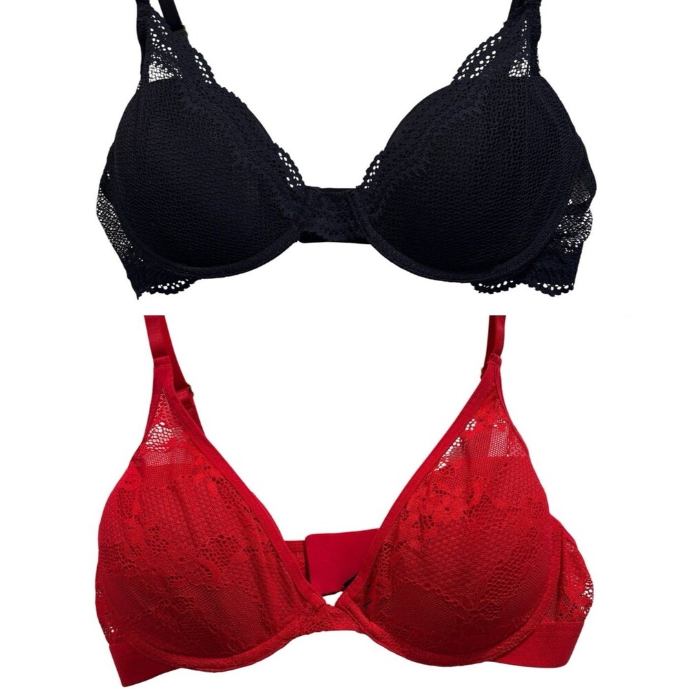 Lot of 2 Pepper 34B Bras Red Lace Lift Up & Black All You Lace Underwire